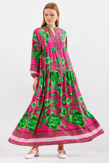 Kadın Koyu Pembe Yeşil Viskon Tesettür Elbise 2423