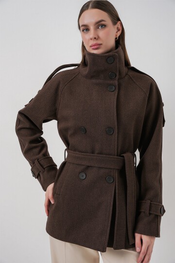 Kadın Kuşaklı Kaşe Kaban 9162 - A.Kahve