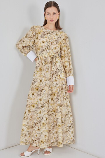 Kadın Kuşaklı Uzun Elbise 2584 - B.Sarı
