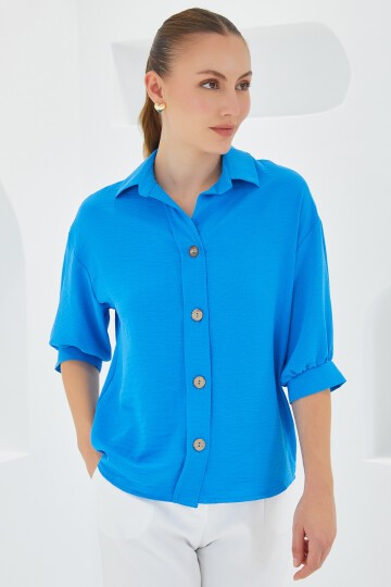 Kadın Mavi Kısa Kol Oversize Keten Gömlek 20240