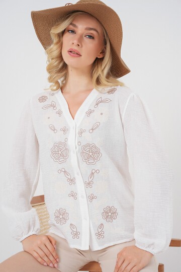 Kadın Nakışlı Uzun Kol Bluz 963 - Kahverengi