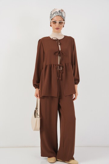 Kadın Önü Bağcıklı Tunik Pantolon İkili Takım 6744 - Kahverengi