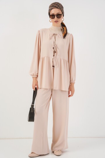 Kadın Önü Bağcıklı Tunik Pantolon İkili Takım 6744 - Krem