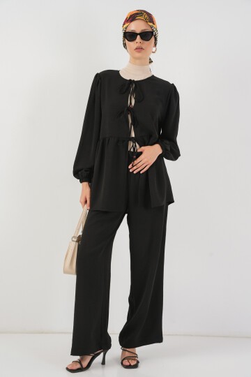 Kadın Önü Bağcıklı Tunik Pantolon İkili Takım 6744 - Siyah
