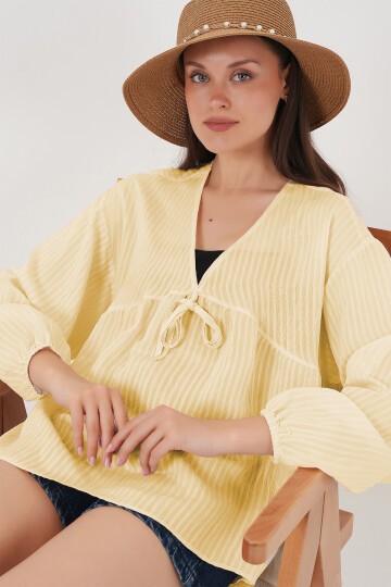 Kadın Önü Bağcıklı Uzun Kol Bluz 946 - Sarı