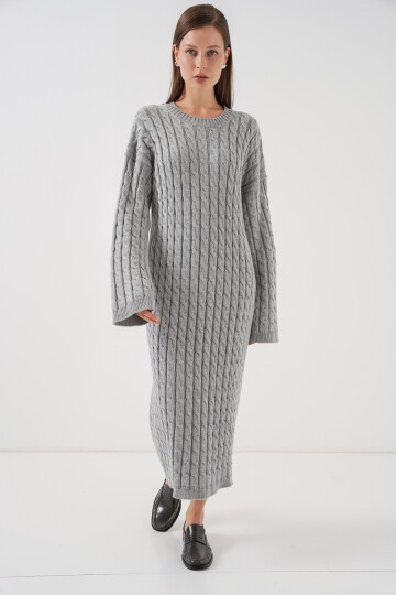 Kadın Örgülü Uzun Tiko Elbise 15944 - Gri
