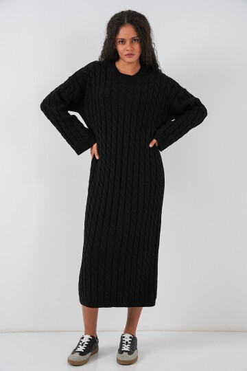 Kadın Örgülü Uzun Tiko Elbise 15944 - Siyah
