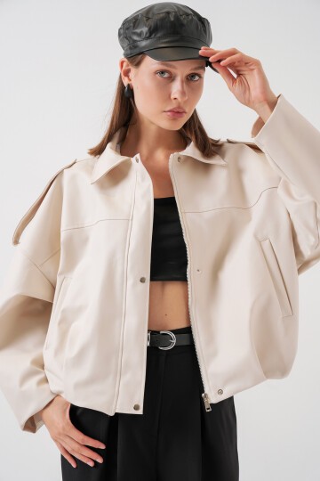 Kadın Oversize Deri Ceket 1055 - Ekru