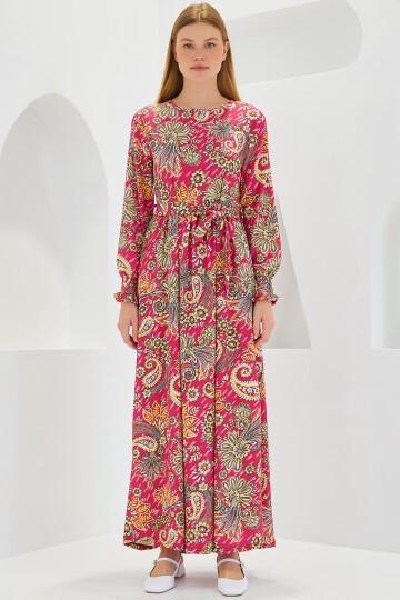 Kadın Pembe Çiçek Desenli Örme Tesettür Elbise 1525