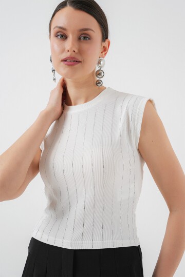 Kadın Sıfır Kol Taşlı Bluz 931 - Beyaz