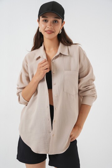 Kadın Tek Cepli Oversize Müslin Gömlek 20353 - Taş