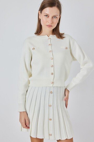 Kadın Triko Hırka Etek İkili Takım 15942 - Ekru