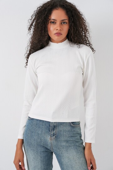 Kadın Uzun Kollu Fitilli Body 976 - Beyaz