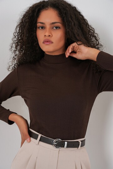 Kadın Uzun Kollu Fitilli Body 976 - Kahverengi