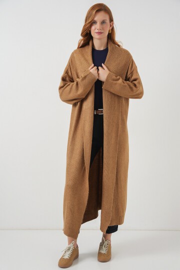 Kadın Uzun Oversize Triko Hırka 15924 - Hardal