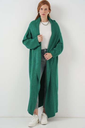 Kadın Uzun Oversize Triko Hırka 15924 - Zümrüt Yeşili