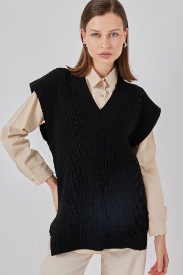 Kadın V Yaka Triko Süveter 15925 - Siyah