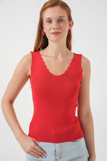 Kadın Zikzaklı V Yaka Bluz 15930 - Kırmızı