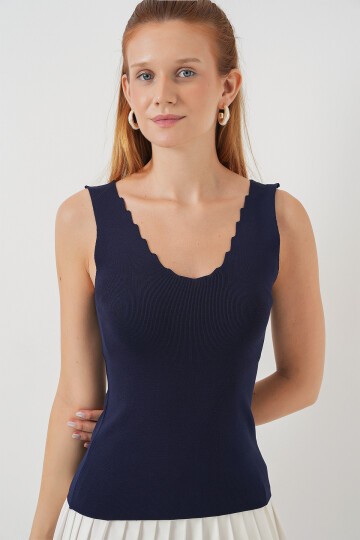 Kadın Zikzaklı V Yaka Bluz 15930 - Lacivert