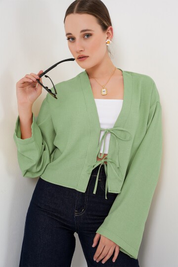 Önü Bağlamalı Keten Kimono 960 - E.Yeşil