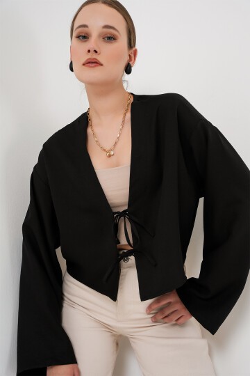 Önü Bağlamalı Keten Kimono 960 - Siyah