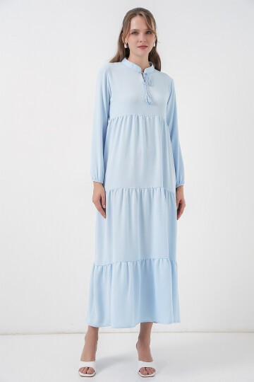 T1627 Yaka Bağcıklı Elbise - B.Mavi