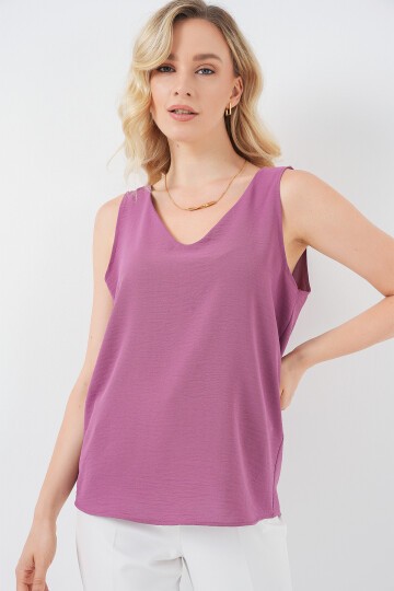 V Yaka Sıfır Kol Bluz 950 - Koyu Lila