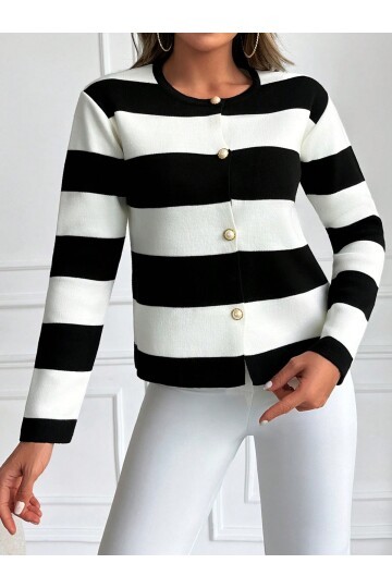 15843 Şeritli Kısa Hırka - Siyah