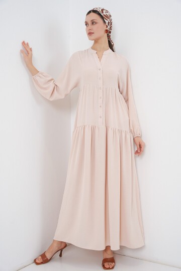 2527 Kadın Uzun Tesettür Elbise - Bej