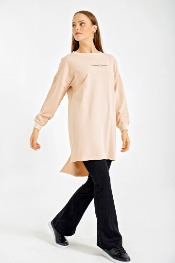 4207 Oversize Baskılı Sweat - Bej