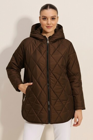 5181 Kapüşonlu Kapitone Mont - Kahverengi