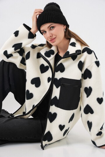 55446 Fermuarlı Oversize Peluş Ceket Mont - A.Beyaz