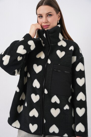 55446 Fermuarlı Oversize Peluş Ceket Mont - K. Siyah