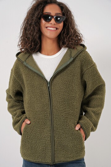 55456 Kadın Kapüşonlu Oversize Peluş Ceket - Haki