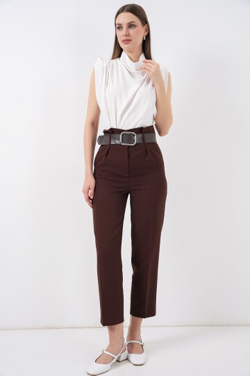 6556 Kemerli Kumaş Pantolon - Kahverengi