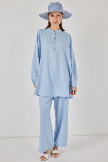 6678 Keten Tunik Pantolon İkili Takım - Mavi