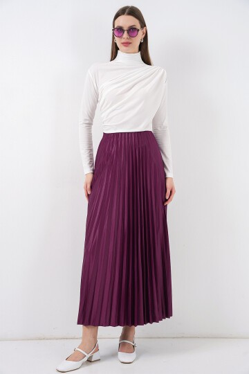 8009 Deri Görünümlü Piliseli Etek - Mor