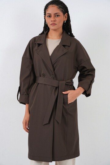 9104 Kruvaze Yaka Astarlı Trençkot - A.Kahve