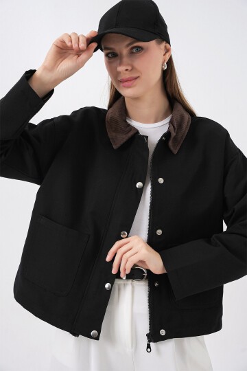 Kadın Cep Detaylı Kısa Ceket 5975 - Siyah