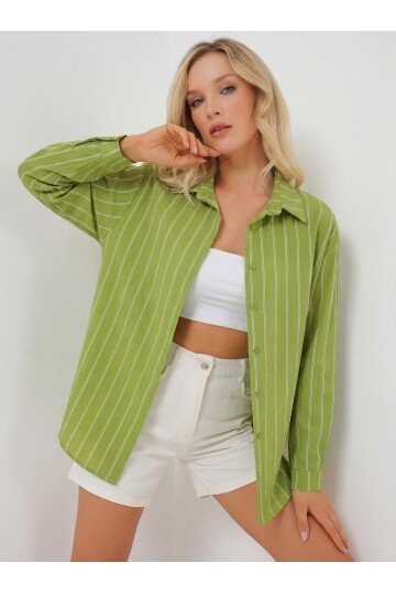 Kadın Çizgili Oversize Gömlek 20293 - E.Yeşil