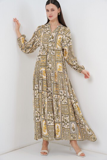 Kadın Desenli Uzun Tesettür Elbise 2585 - A.Hardal