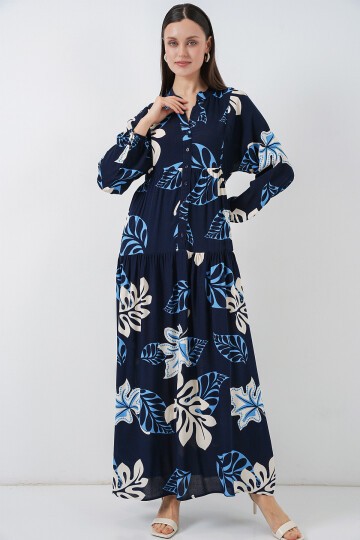 Kadın Desenli Uzun Tesettür Elbise 2585 - Lacivert 2