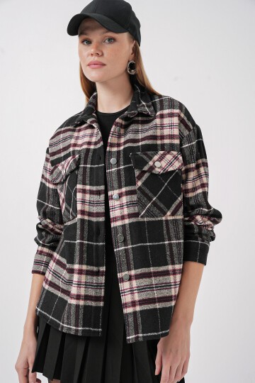 Kadın Ekose Desen Oversize Oduncu Gömlek 3854 - C.Siyah