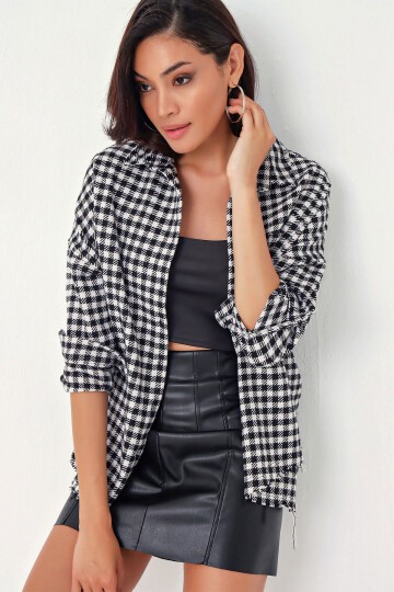 Kadın Ekose Desen Oversize Oduncu Gömlek 3854 - Siyah - Beyaz