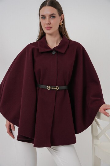 Kadın Kemerli Kaşe Panço 9170 - Mürdüm