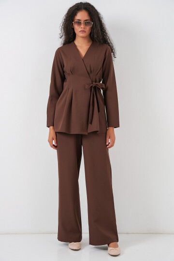 Kadın Kimono Pantolon Kumaş Takım 30054 - Kahverengi