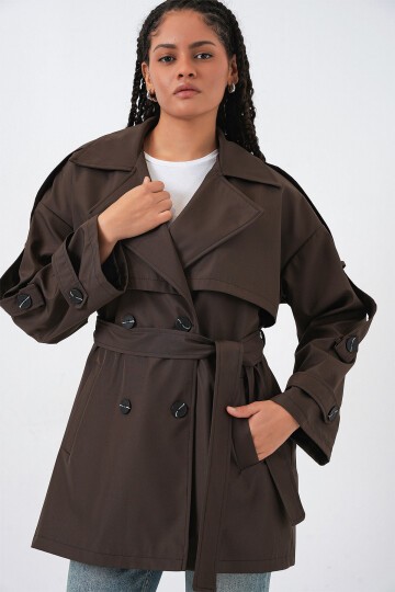 Kadın Kuşaklı Kısa Trençkot 5974 - A.Kahve