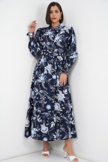 Kadın Kuşaklı Tesettür Elbise 2589 - Lacivert