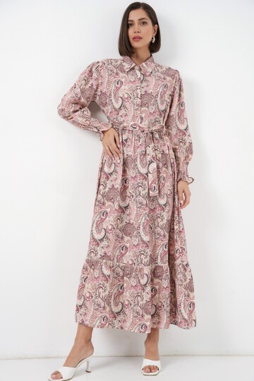 Kadın Kuşaklı Tesettür Elbise 2589 - Pembe