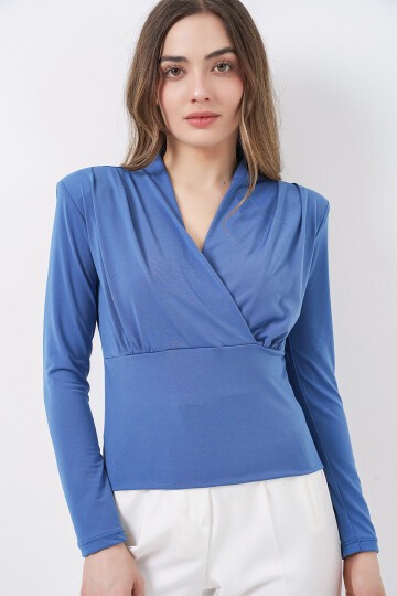 Kadın Omuz Vatkalı Kruvaze Yaka Bluz 942 - İndigo